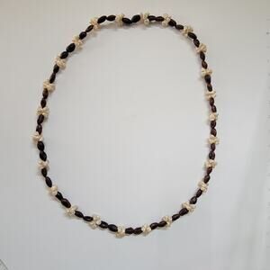 Wooden Bead Vintage Dark Brown Necklace with White Shell Accent Clusters Jewelry